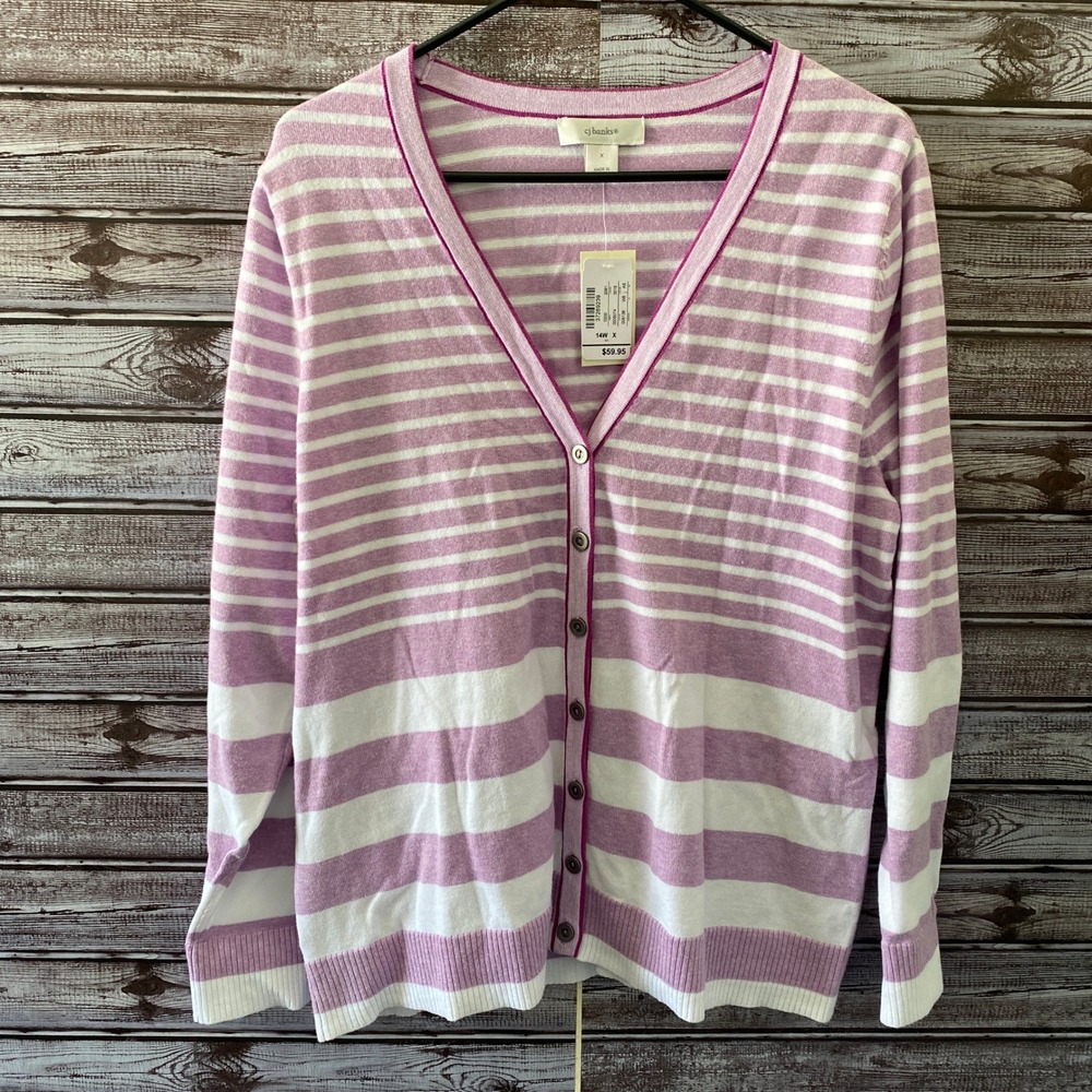 CJ Banks Women's Long-Sleeved Cardigan Sweater Size 14W Striped V-Neck NWT